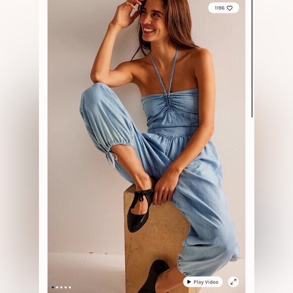 We The Free Pants - Free People WeThe Free Scenic Route Halter strapless Balloon Denim Jumpsuit